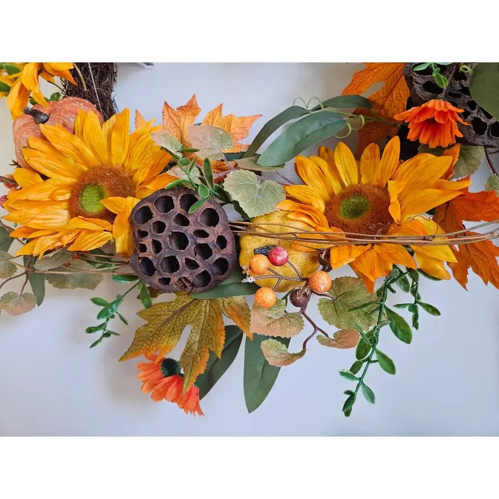 Sunflower Wreath Pumpkins Dried Gourds Twig Base Fall Handmade 30x6